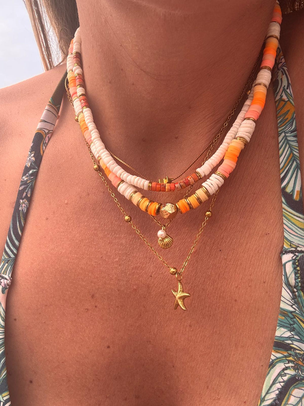 Collier Palma orange – Perles Heishi & coquillage