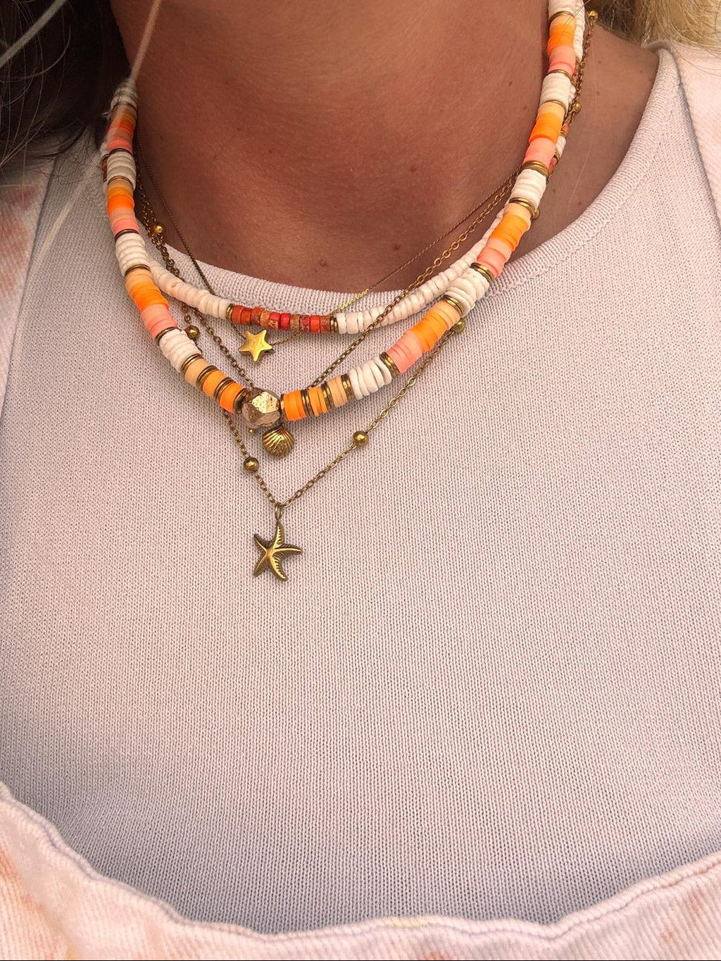 Collier Palma orange – Perles Heishi & coquillage