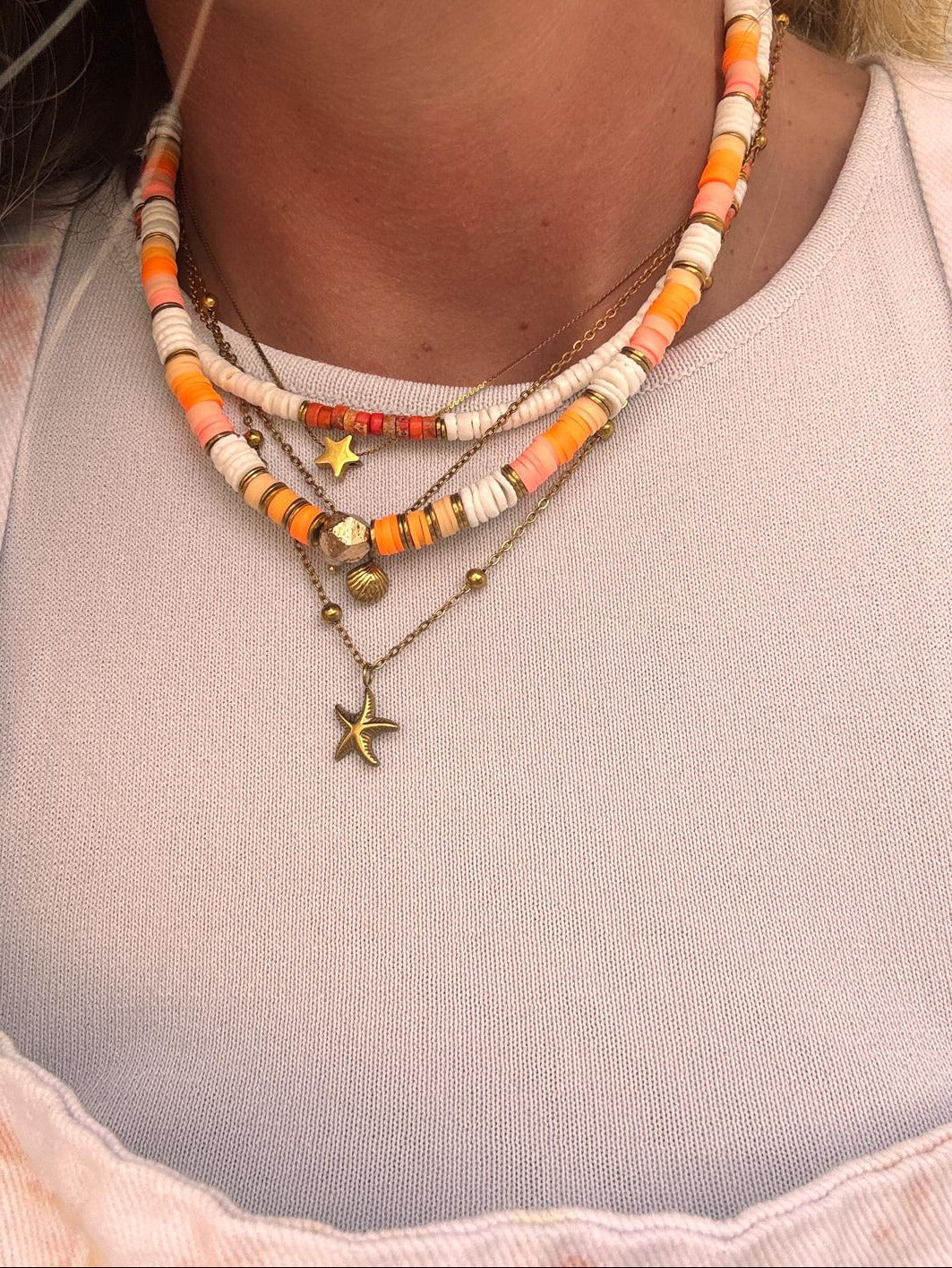 Collier Palma orange – Perles Heishi & coquillage