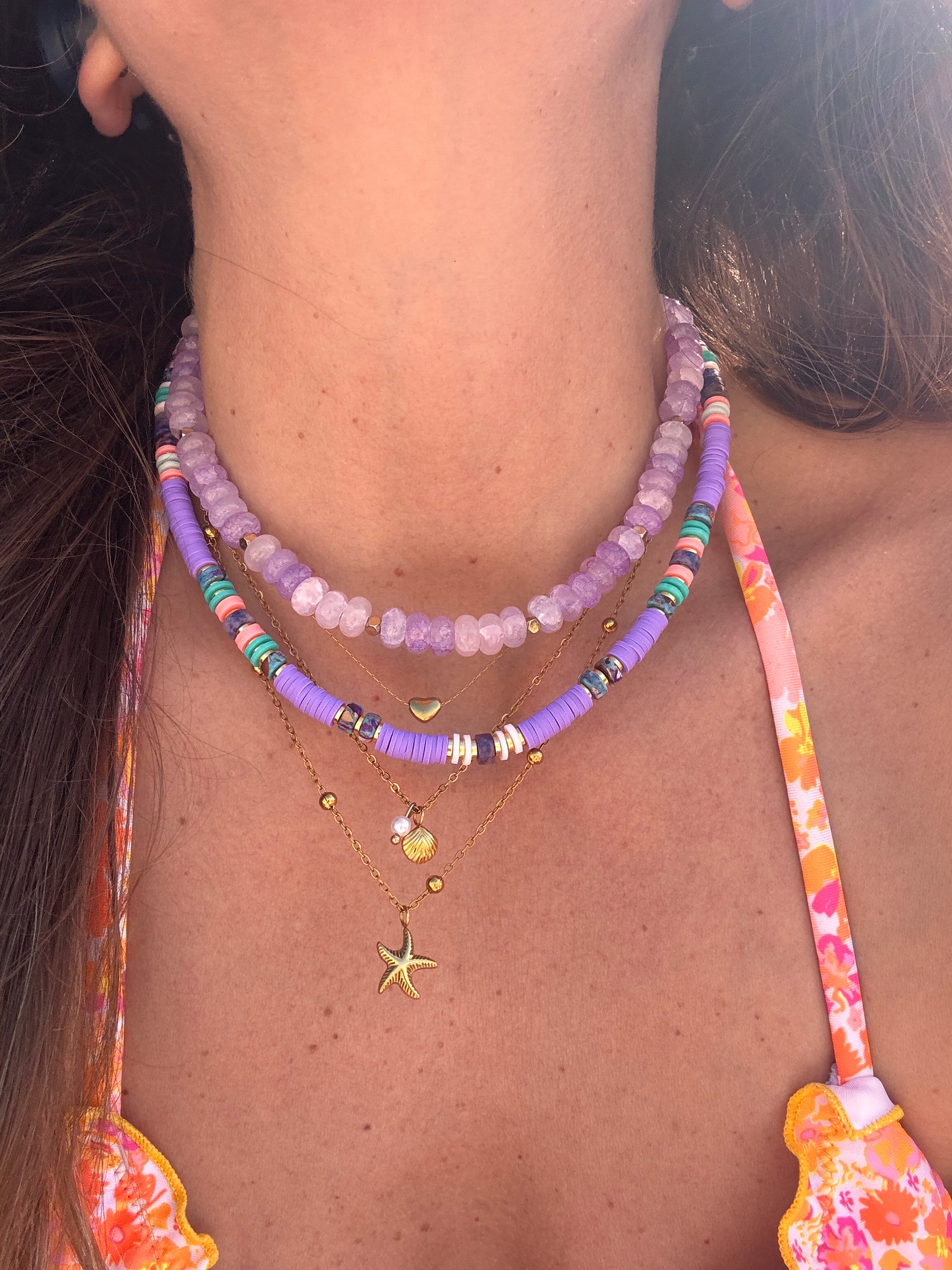 Collier Bubble Fun grosses perles rondelles jaune pierre naturelle bijou doré fait main Landes