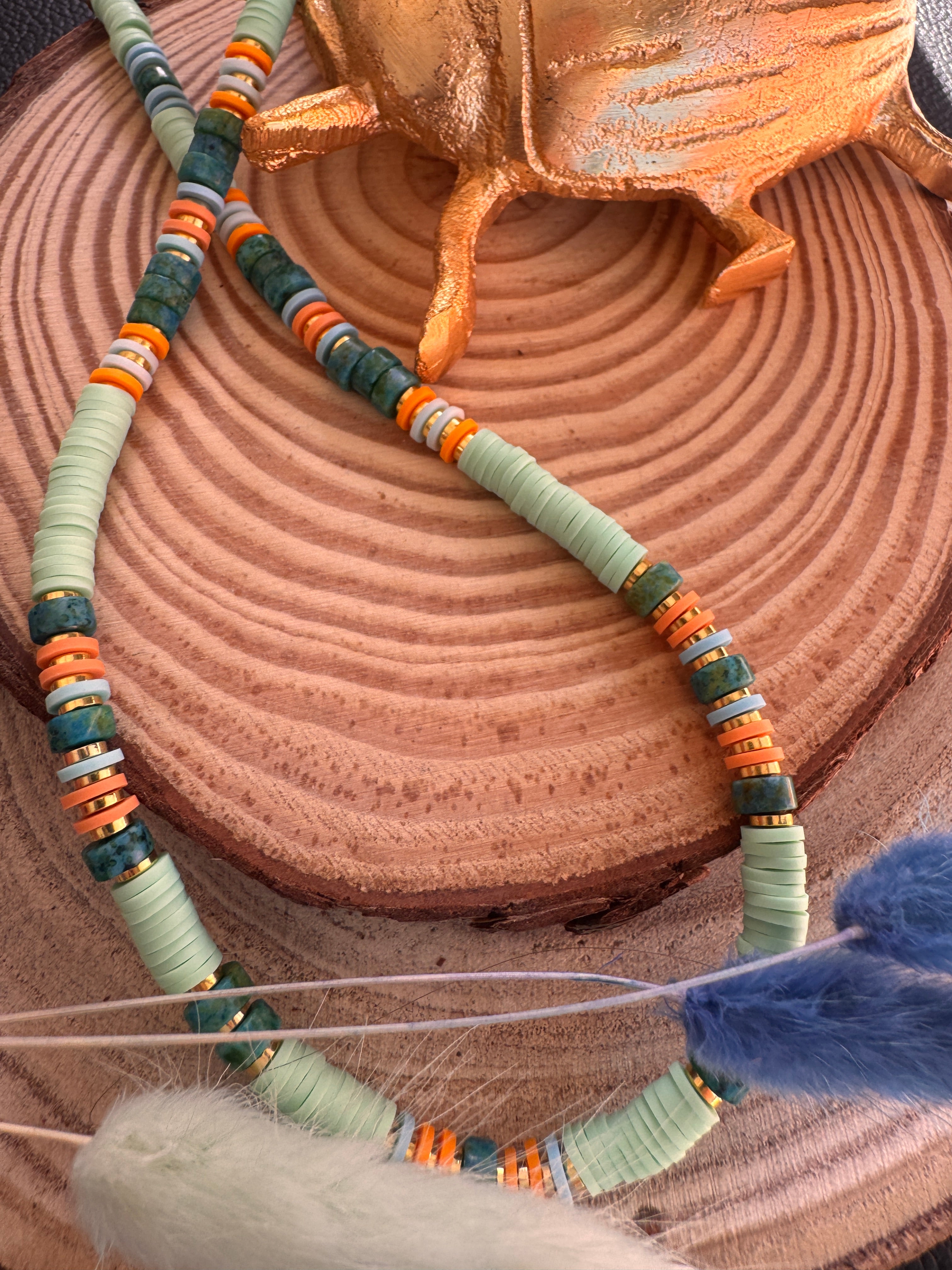 Collier Komodo perles heishi vert menthe et pierres naturelles vert canard fait main Maison Iconic