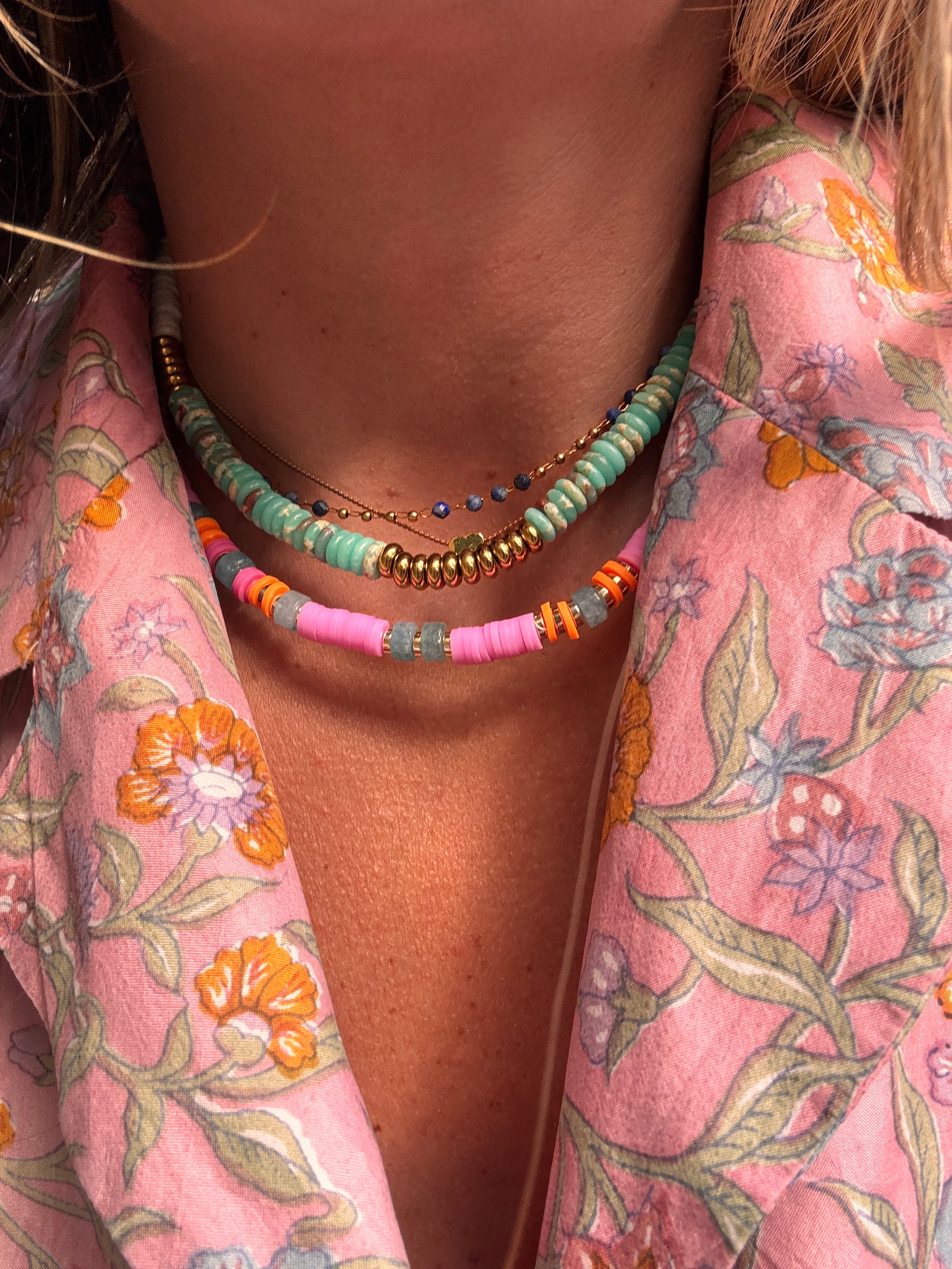 Collier Pamplemousse – Perles Heishi & Pierres Naturelles