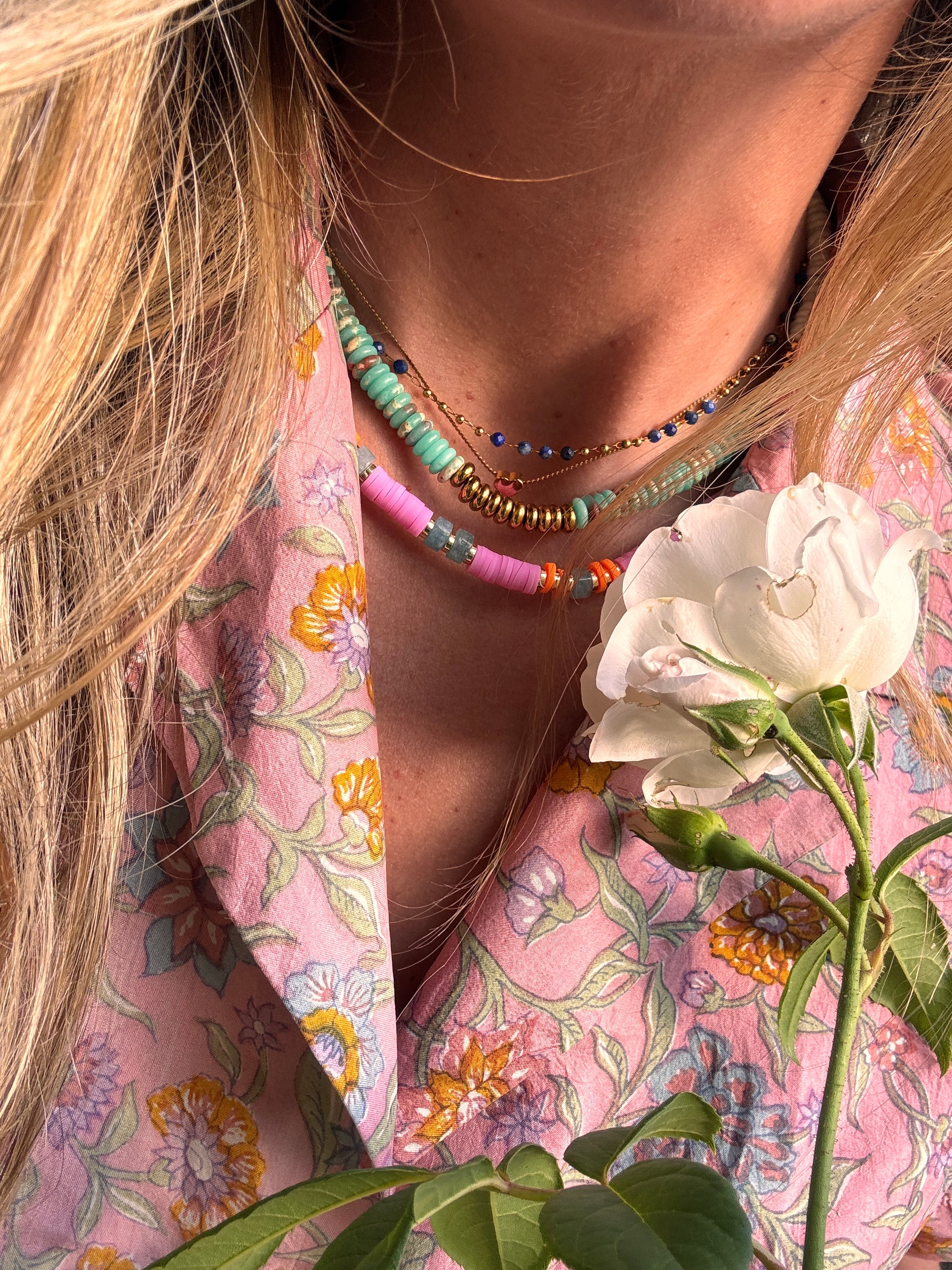 Collier Pamplemousse – Perles Heishi & Pierres Naturelles