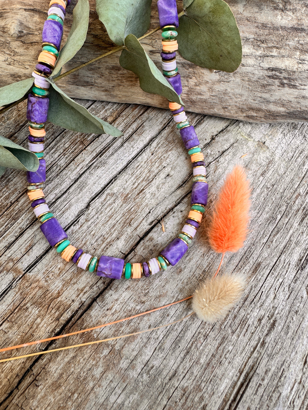Collier Siwa – Pierres Naturelles Violettes & Perles Heishi | Bijou Fait Main | Maison Iconic