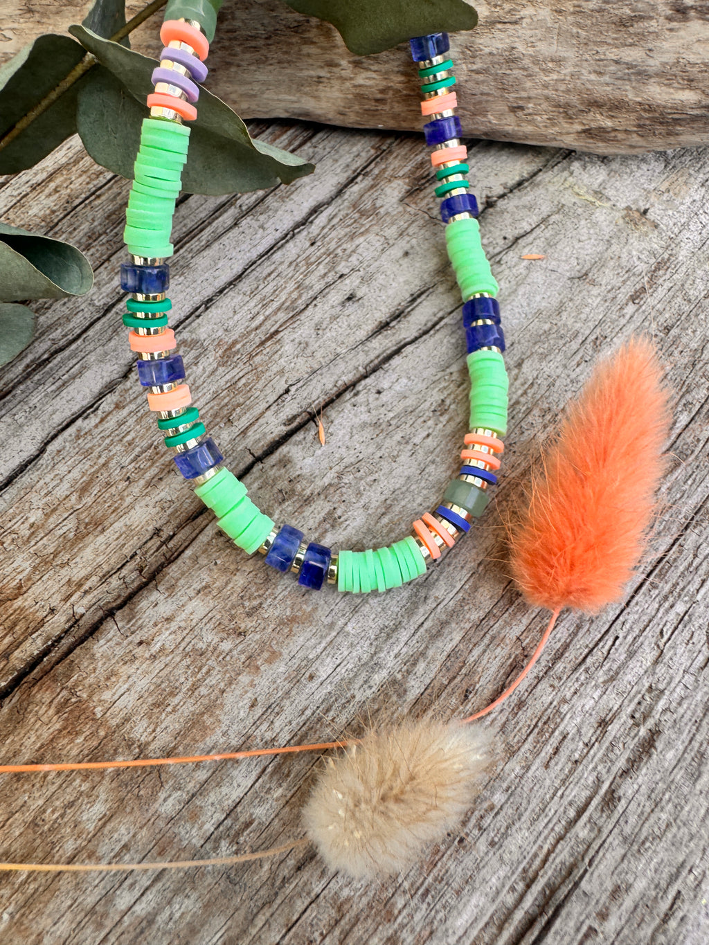 Collier Lima – Perles Heishi Vert Menthe & Bleu Cobalt