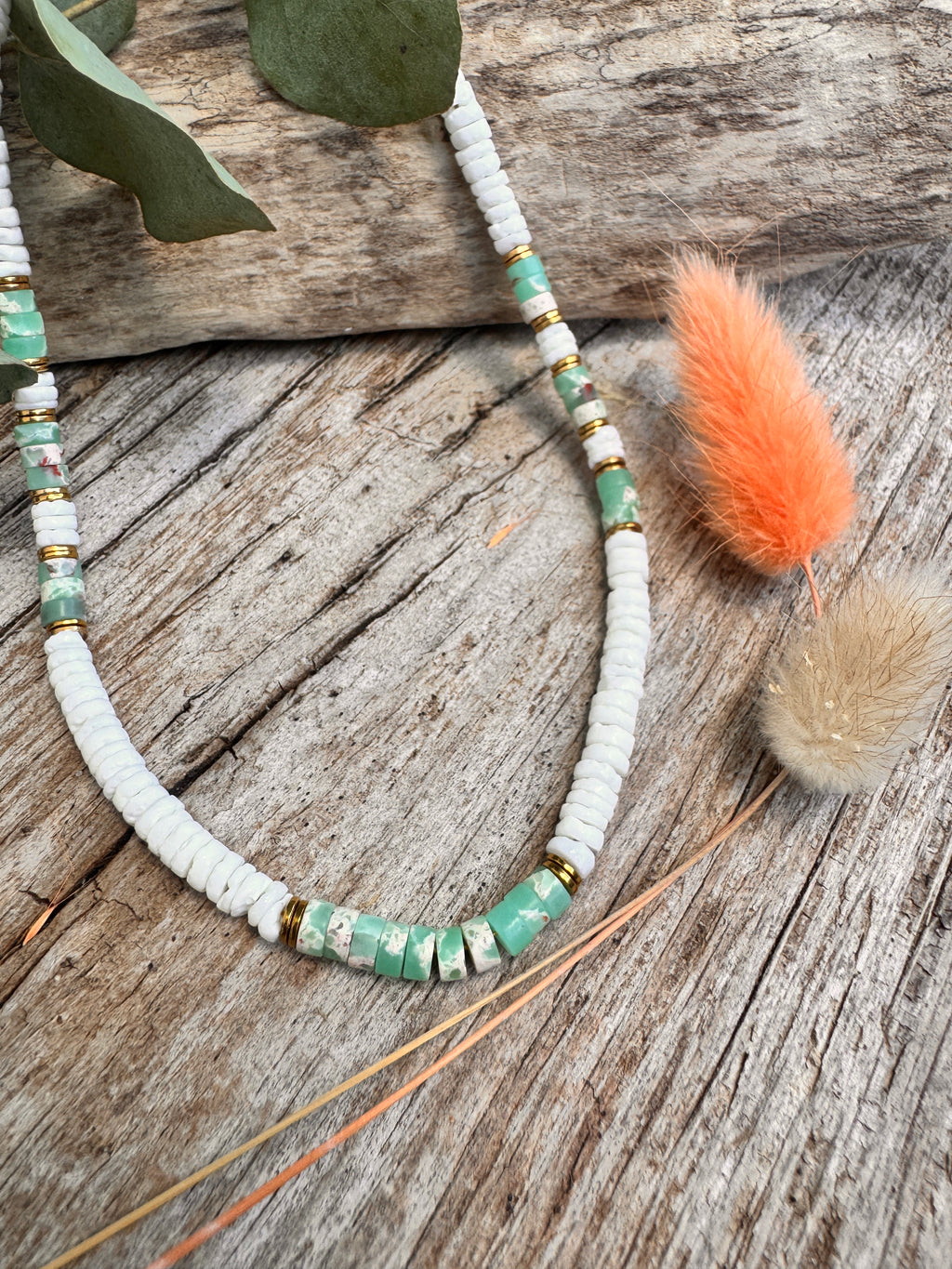 Collier Jade – Heishi blanc nacré & Jaspe Impérial vert menthe