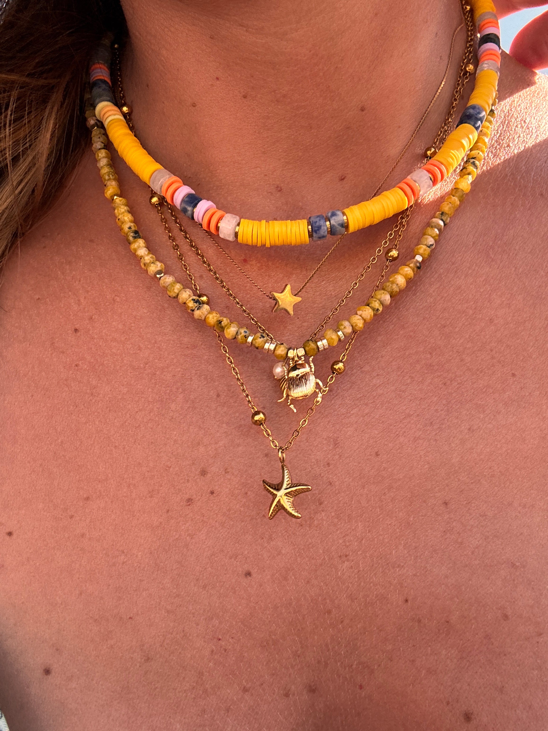Collier Solstice – heishi jaune & pierres naturelles