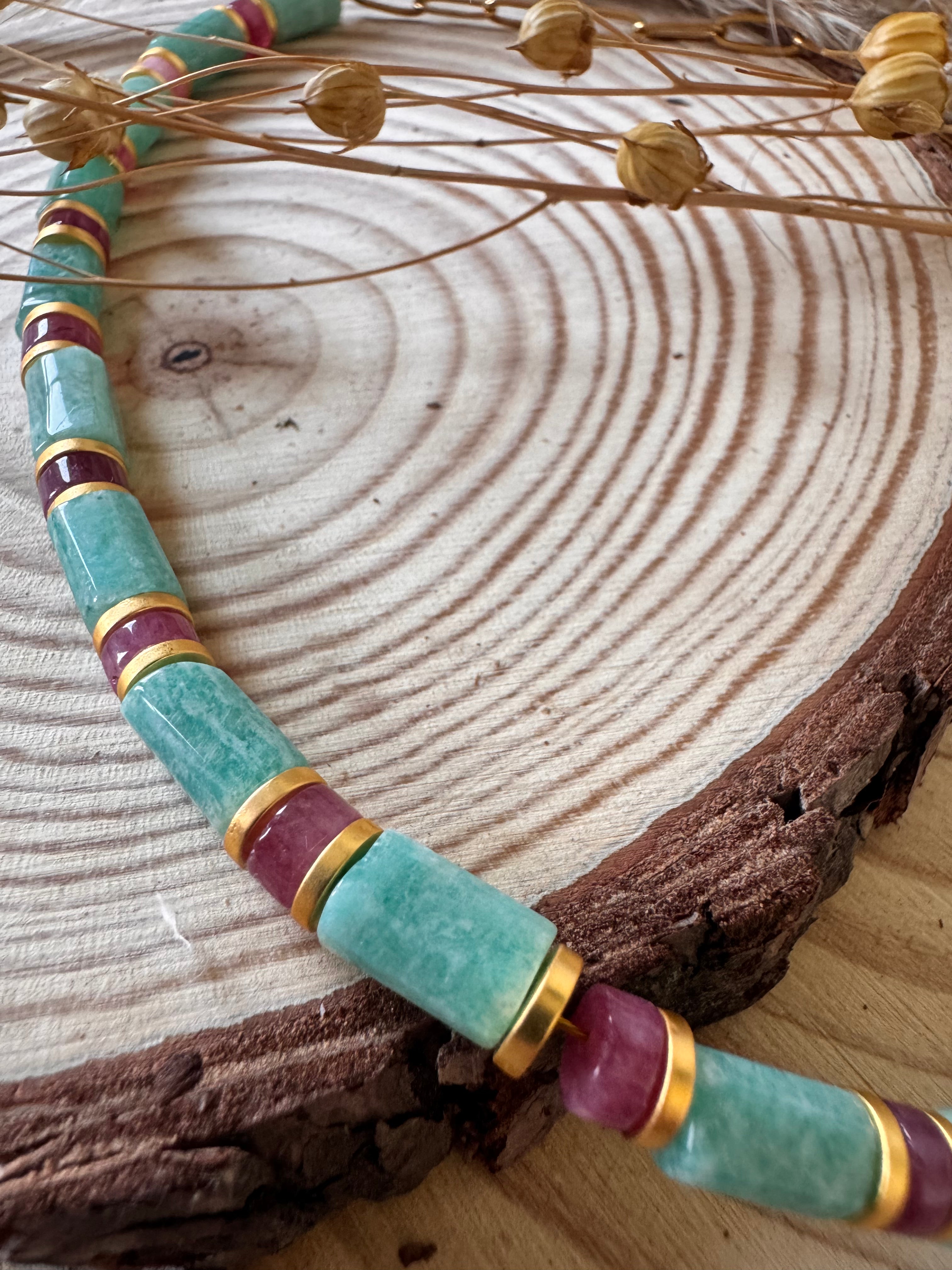 Collier Hélios – Perles  aquamarine & doré solaire