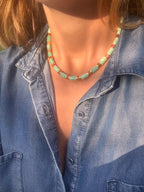 Collier Hélios – Perles  aquamarine & doré solaire