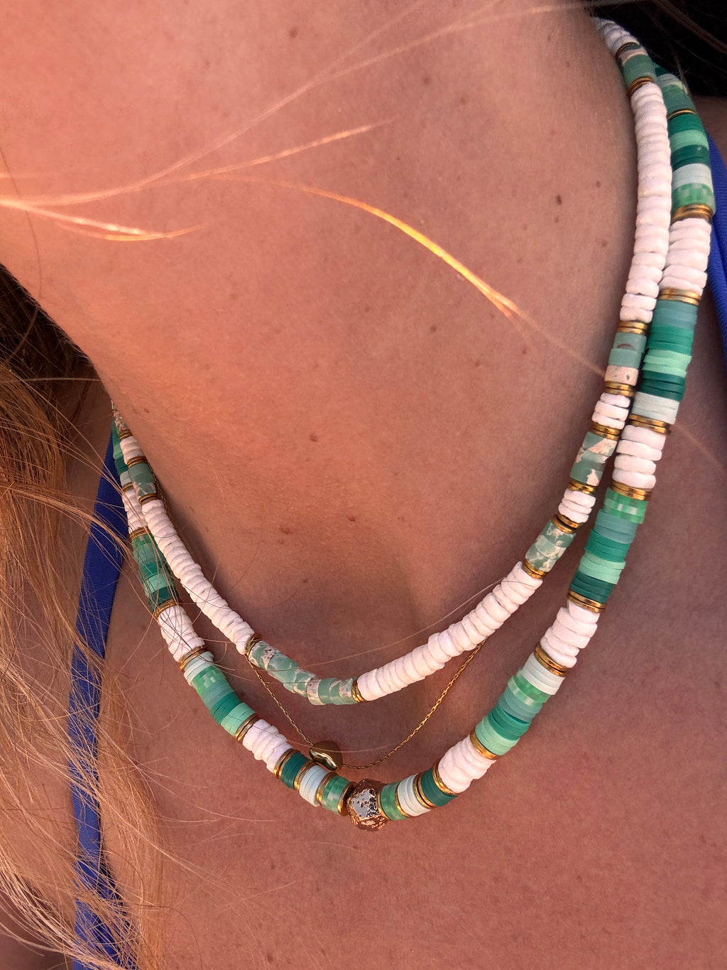Collier Jade – Heishi blanc nacré & Jaspe Impérial vert menthe