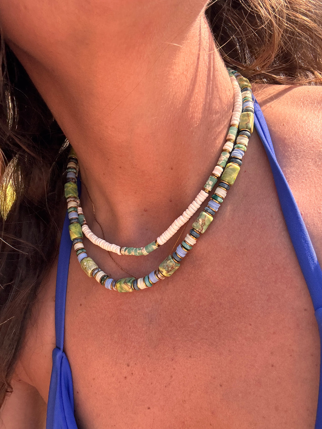 Collier Vaya – Pierre Naturelle Verte & Perles Heishi Lavande