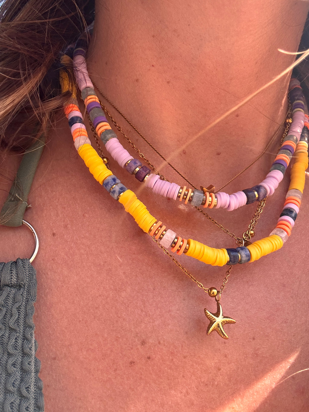 Collier Solstice – heishi jaune & pierres naturelles