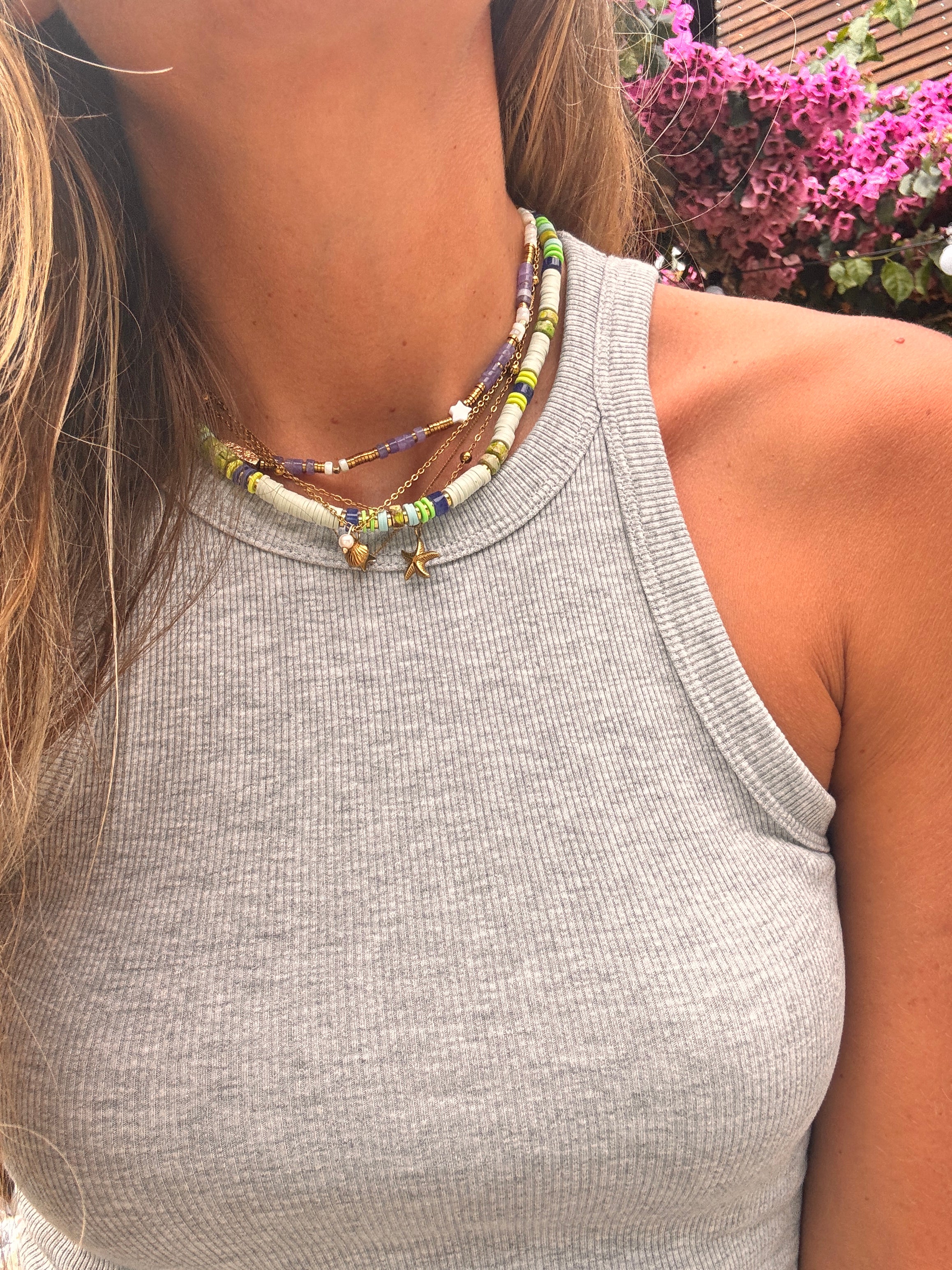 Collier Écume – heishi blanc & pierres naturelles