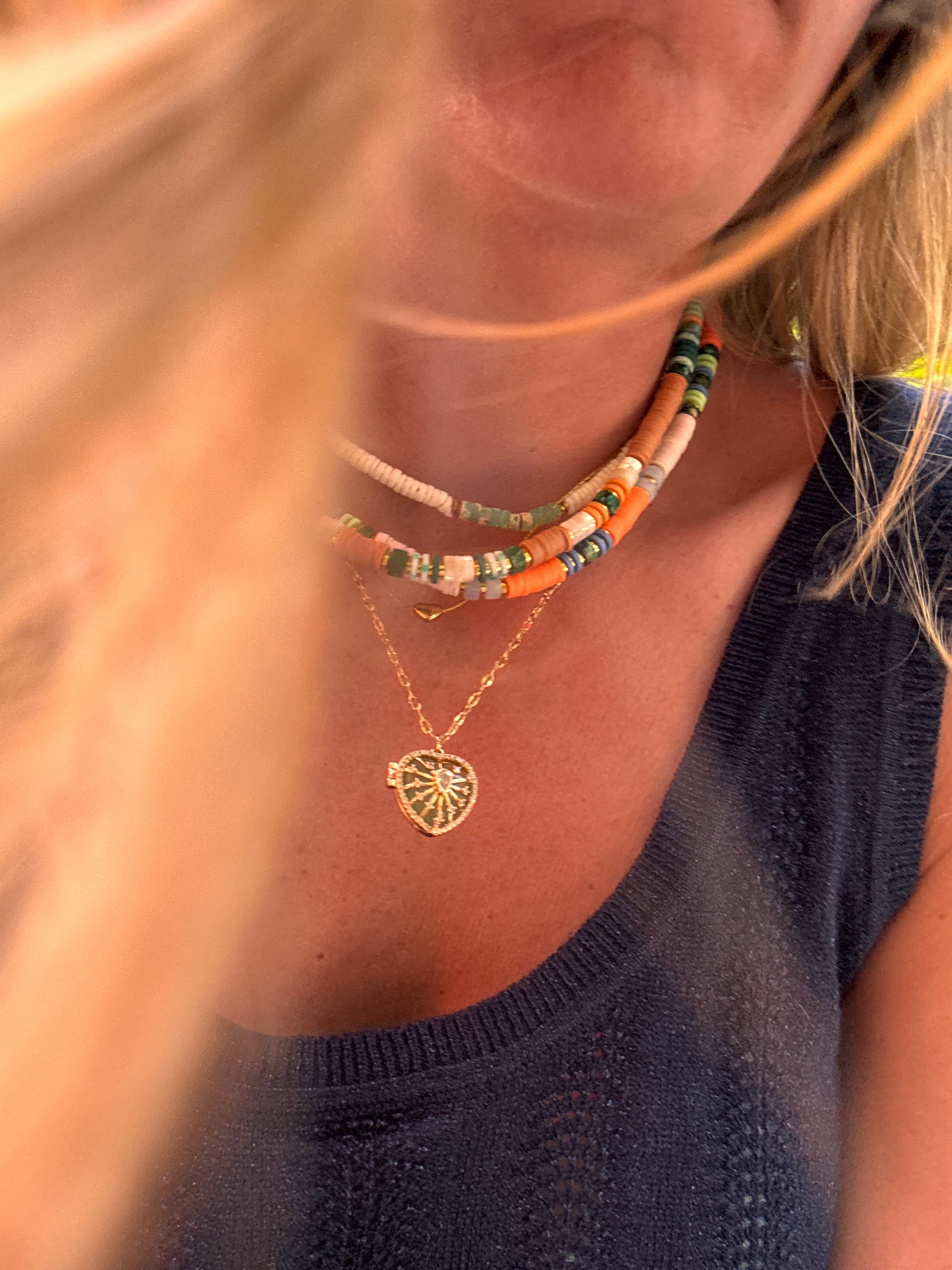 Collier Jade – Heishi blanc nacré & Jaspe Impérial vert menthe