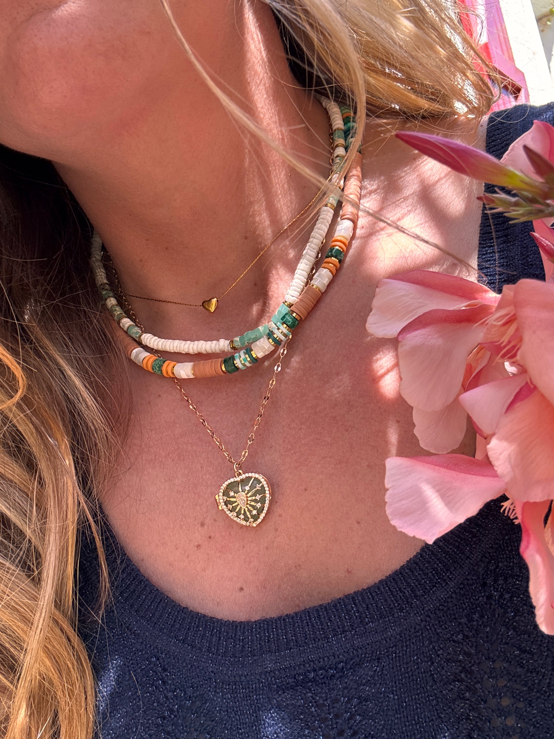 Collier Jade – Heishi blanc nacré & Jaspe Impérial vert menthe