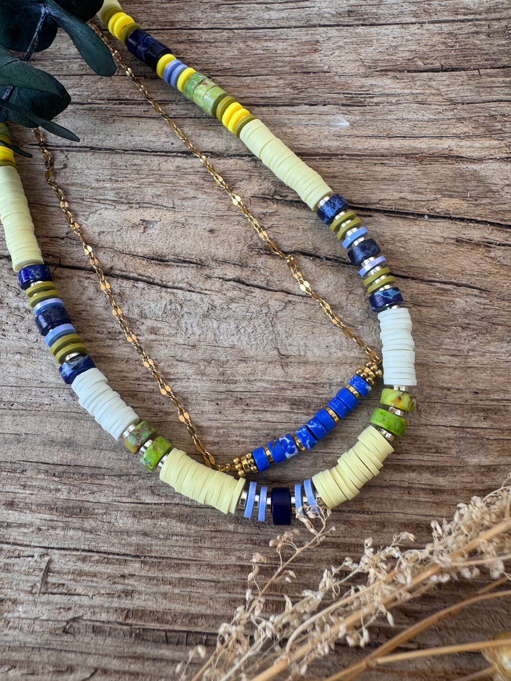 collier bleu vert olive et bleu marine fait main