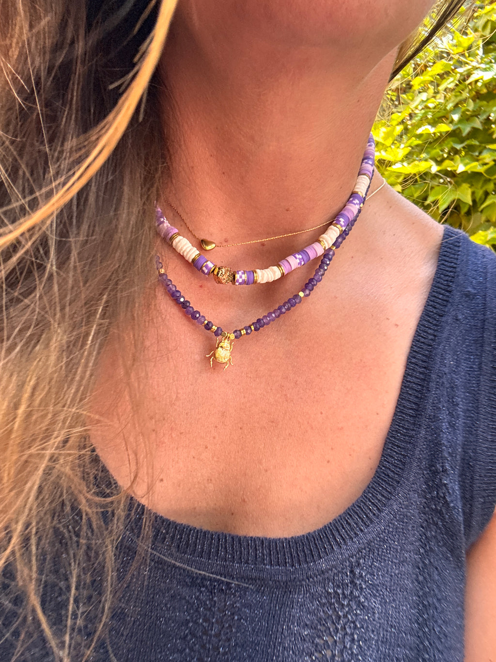 perles heishi mauve, lilas et blanc en dégradé